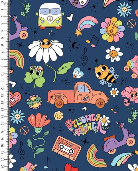 Baumwolljersey Flower Power auf Dunkelblau